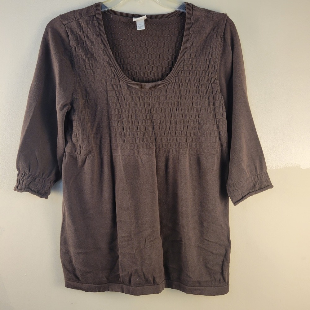 Venezia Brown 100% Cotton Smocked Scoop Neck 3/4 Sleeve Sweater Top Size 14/16